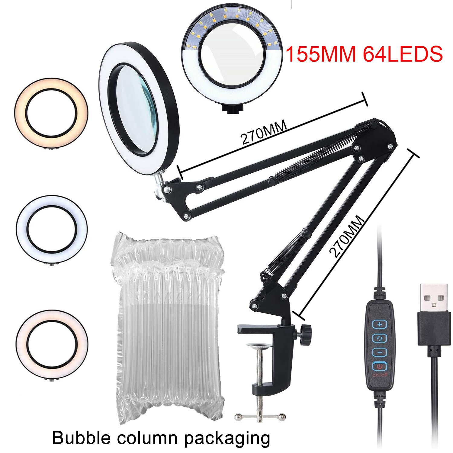 Flexible USB 3 Colors Lamp Magnifier Clip-on Table Top Desk LED Reading Large Lens Illuminated Magnifying Glass Desk Lamp: short