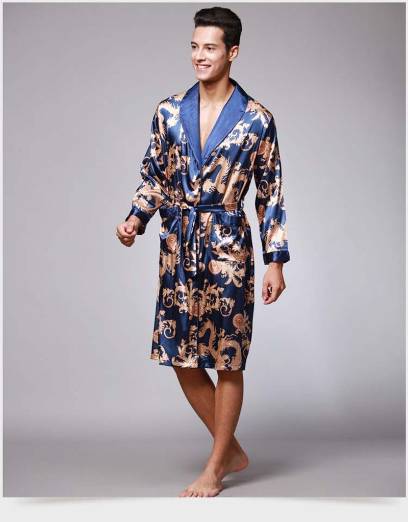 Langærmet pyjamas kimono herre халат badekåber silke pyjamas herre afslappet lange morgenkåber morgenkjoler badekåbe hjemmetøj: Kongeblå / Xxxl