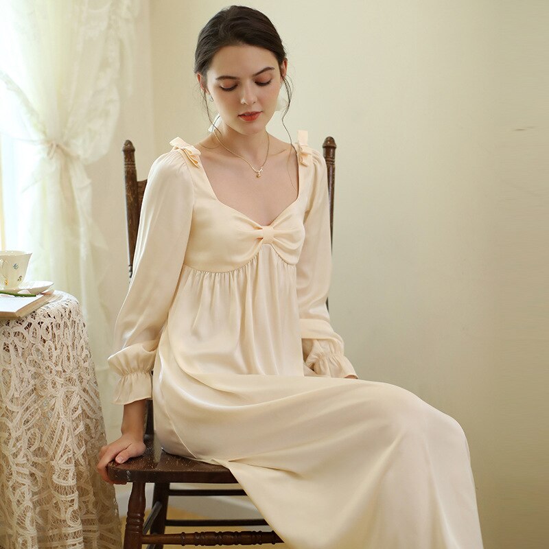 Lente Lange Stijl Vintage Nachthemden Vrouwen Volledige Mouwen Mid-Kalf Zijde Nacht Jurk Sexi V-hals Nachtkleding Meisjes Zoete Boog nightie: M