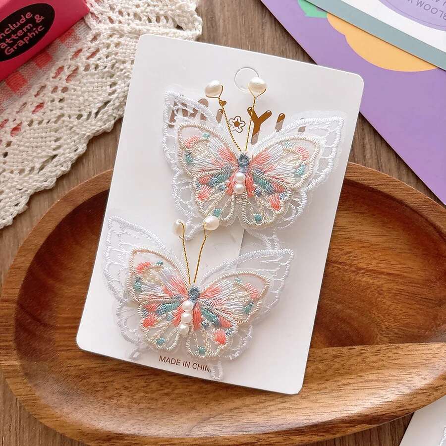 2 piezas de horquillas con forma de mariposa y perlas bordadas para niños, pinzas para el pelo, pasadores, accesorios para el cabello: Naranja