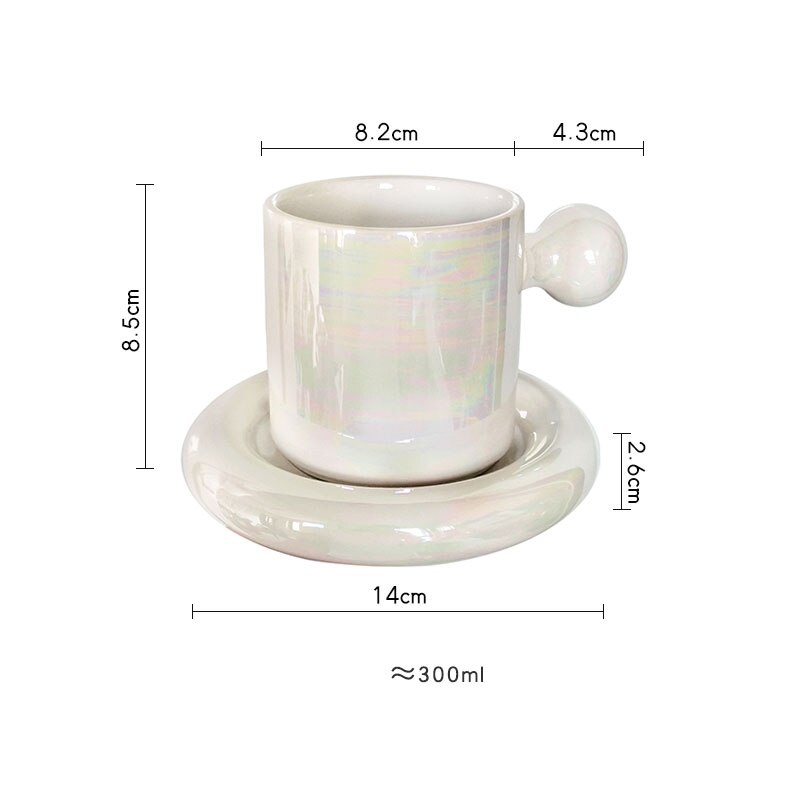 Taza con mango de bola redonda de 300ml, juego de platos, Taza de cerámica personalizada para café, té, platillo, cocina, oficina, decoración del hogar: Pearl White
