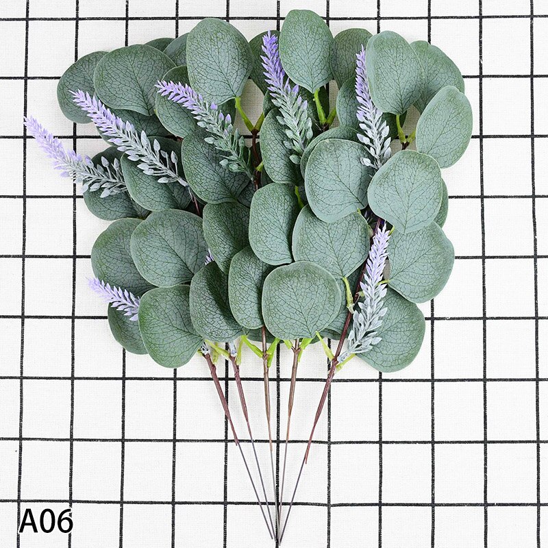 Silk Simulation Eucalipto Stems Artificial Eucalyptus Leaf Plants DIY Bridal Bouquet Bride To Be Wedding Greenery Decorations: A06