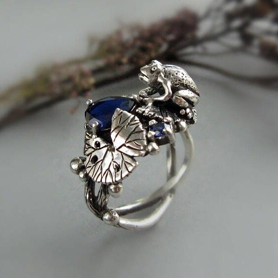 Mode S925 Zilver Blauw Kristal Ring Retro Lotus Kikker Ring Dier Sieraden Voor Elegante Dames