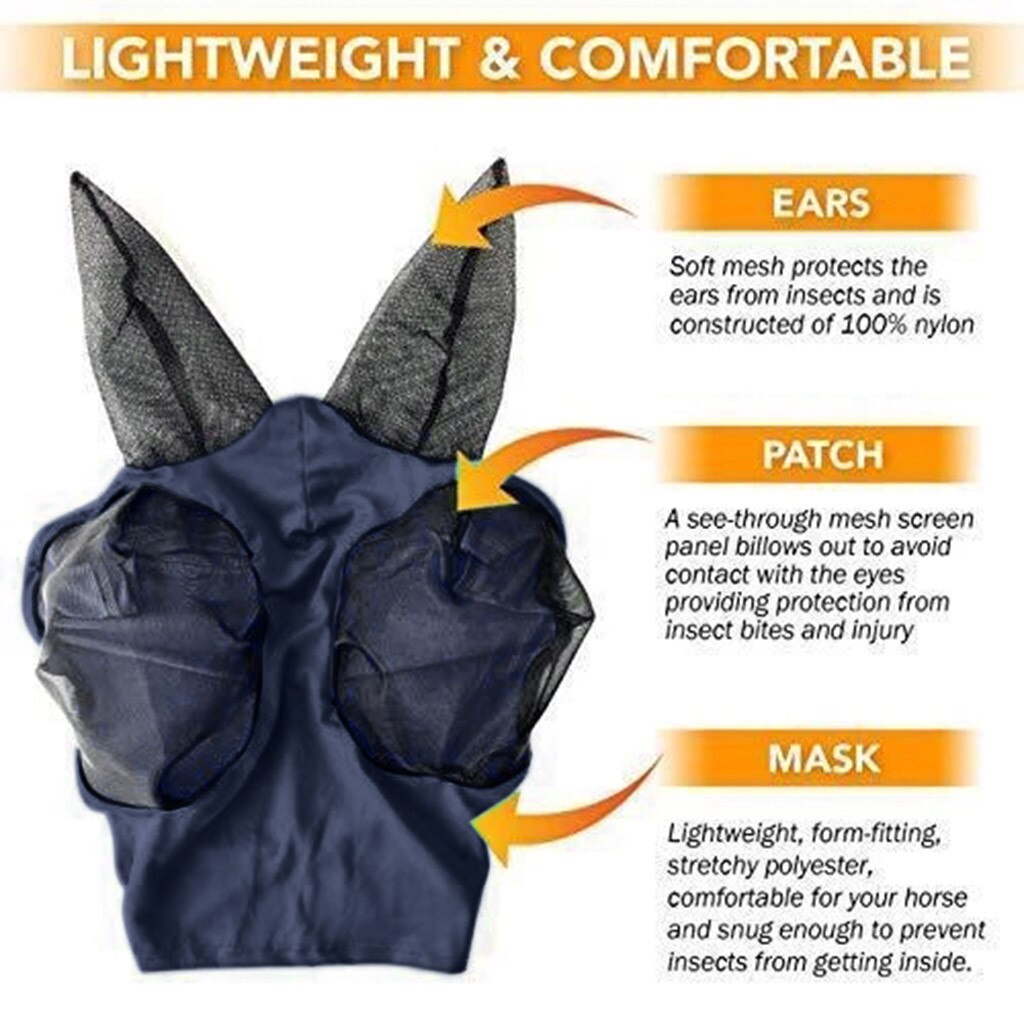 Anti-fly mesh heste maske hest maske stretch bug øje hest flue maske med dækkede ører hest flue maske lang næse med ører