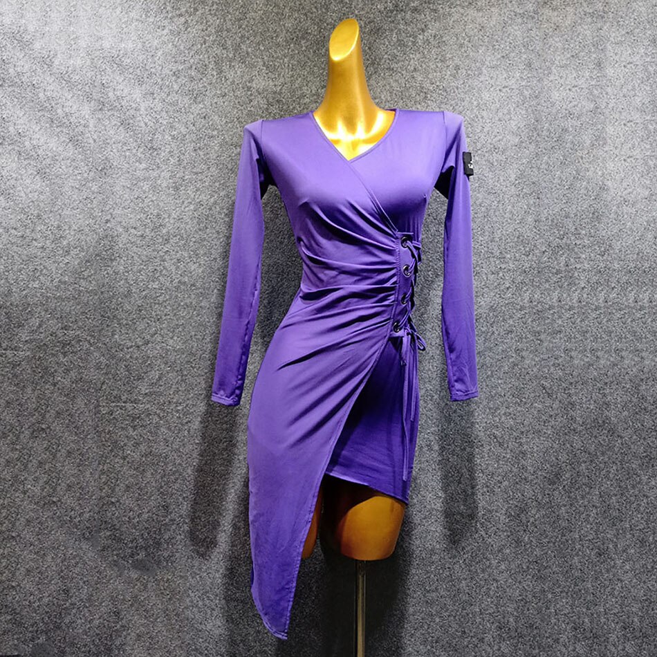 Women Latin Dance Dress Long Sleeve Striped Waist Dancing Practise Cloth Samba Tango Chacha Dancing Performamnce LW422: 003 / S