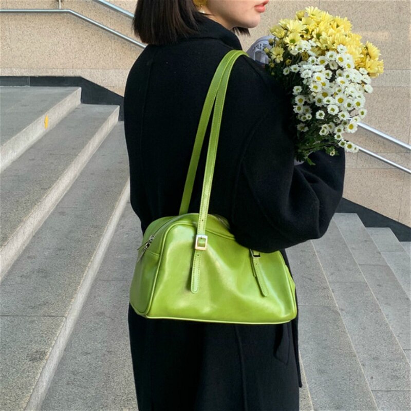 Mode Groene Pu Lederen Vrouwen Schoudertassen Eenvoudig Effen Kleur Dames Tote Handtassen Vintage Zwarte Vrouwelijke Onderarm Zak