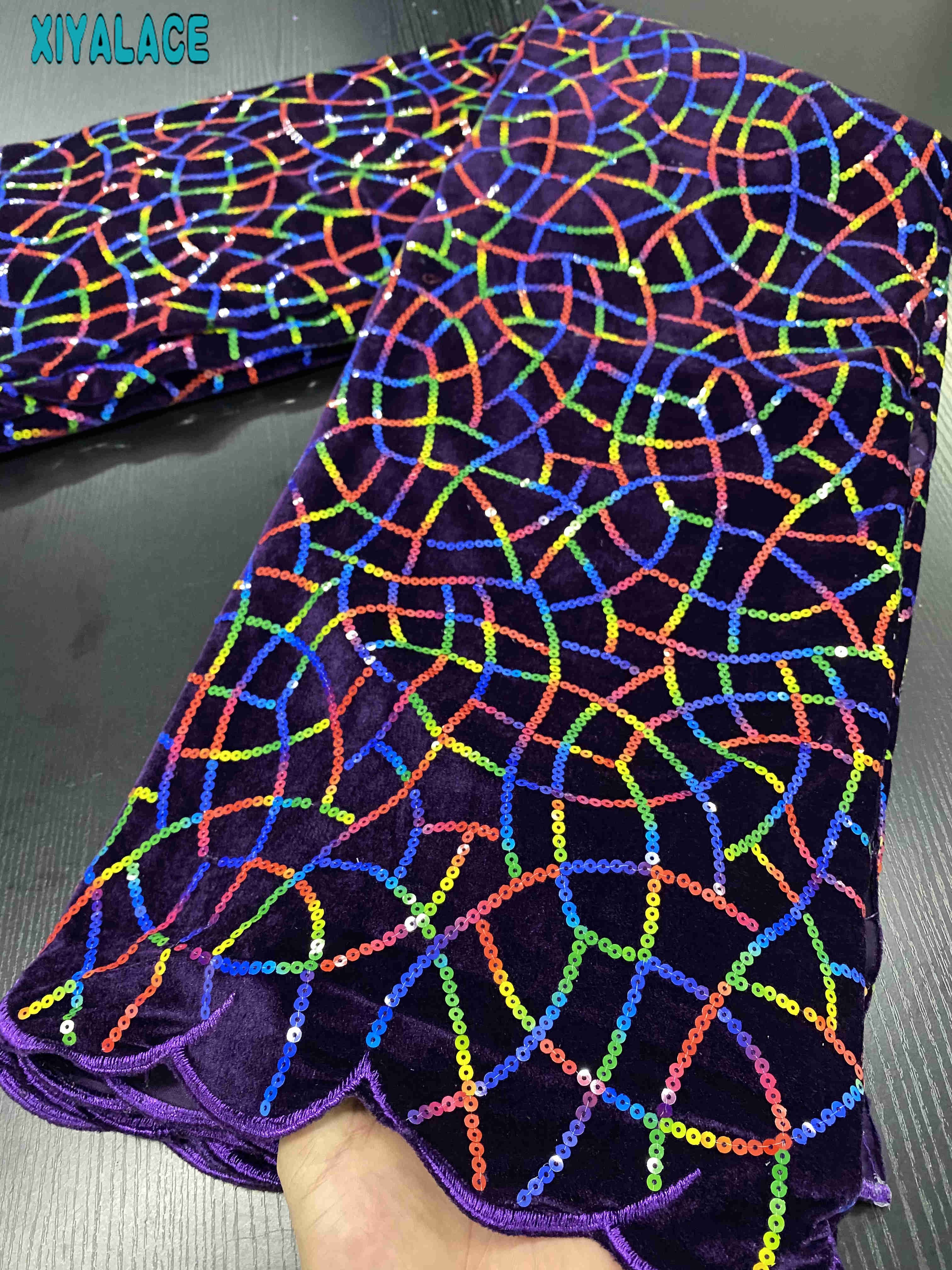 Afrikaanse Fluwelen Kant Stof Pailletten Kant Materiaal Franse Kant Stof Nigeriaanse Kant Stoffen Naaien YA3418-4: Picture 4