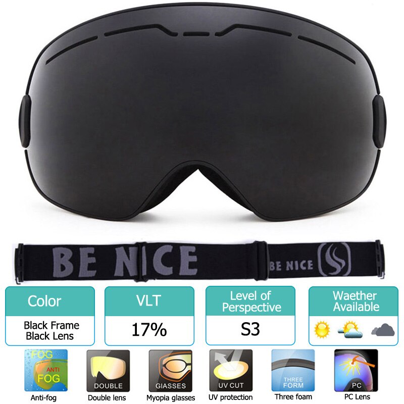 Uv400 anti-condens skibrillen met dubbele laag, grote lenzen, skibrillen met grote frame, sneeuwbrillen voor mannen, snowboardbrillen met spiegelcoating: Zwart