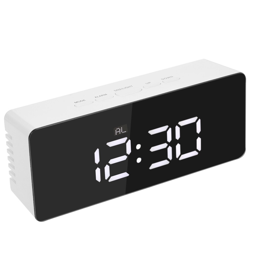 LED Mirror Alarm Clock Digital Table Clock Electronic Desktop Clock Wake Up Light Time Temperature Display Clocks with Snooze: White