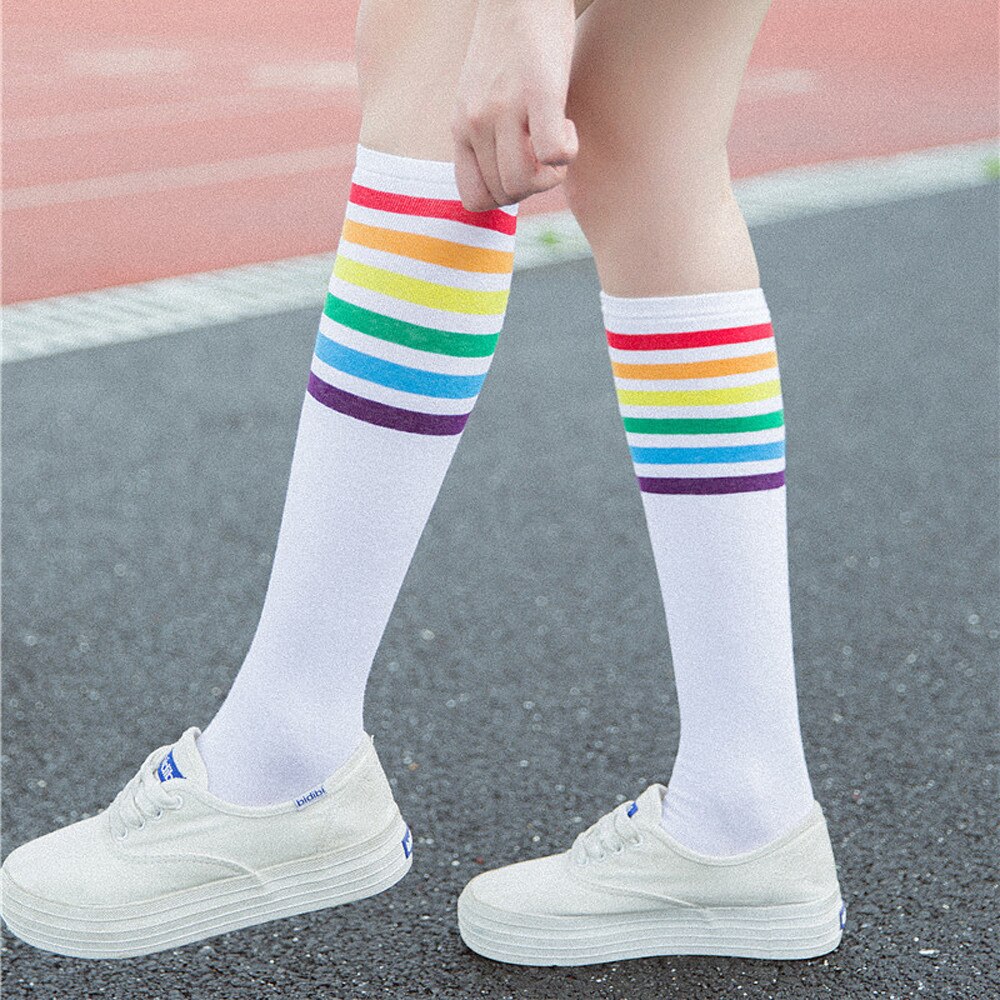 Knee High Socks Novelty 1pair Thigh High Socks Over Knee Rainbow Stripe Girls Football Socks Black White Высокие Носки