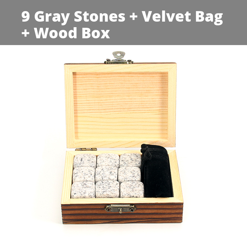 Whisky stenar set  - 9 granit whisky stenar / trälåda / sammet väska / återanvändbara kyla isbitar: 9 st kartong grå