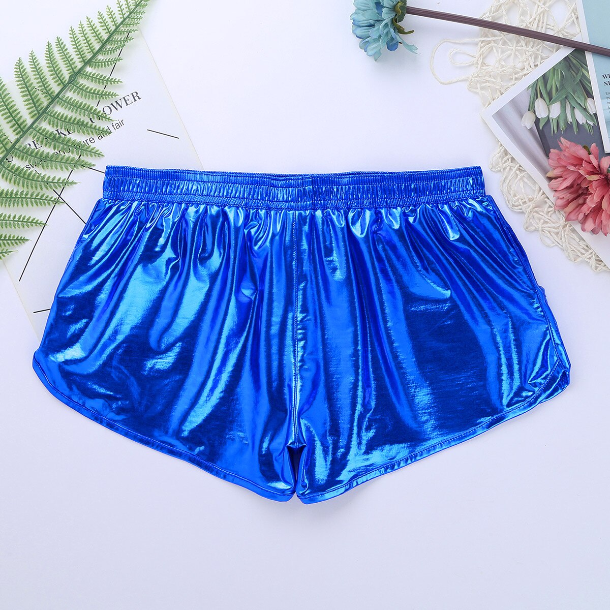 TiaoBug Shiny Metallic Solid Color Low Rise Elastic Waistband Men Swim Boxer Shorts Club Rave Dance Costume Bathing Suit Trunks