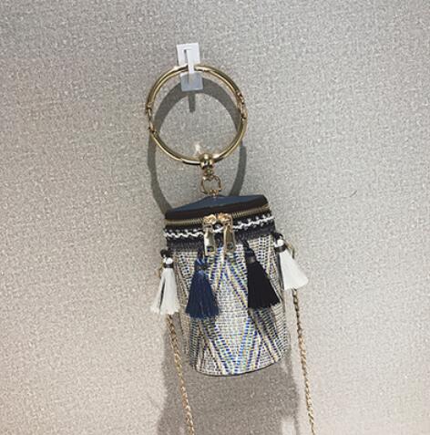 Stroh Damen Quaste Tote Tasche Schulter Taschen Zylinder Form Kette Geldbörse Und Handtaschen Mini Bolsa: Blau