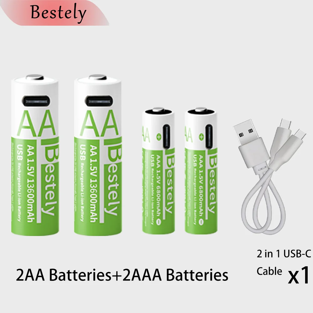 Neue 1,5 V AAA 6800 mAh + AA 13600 mAh wiederaufladbare Lithium-Batterien Schnelllade-USB-Li-Ionen-Akku 2000 Zyklen mit USB-C-Kabel: Lila