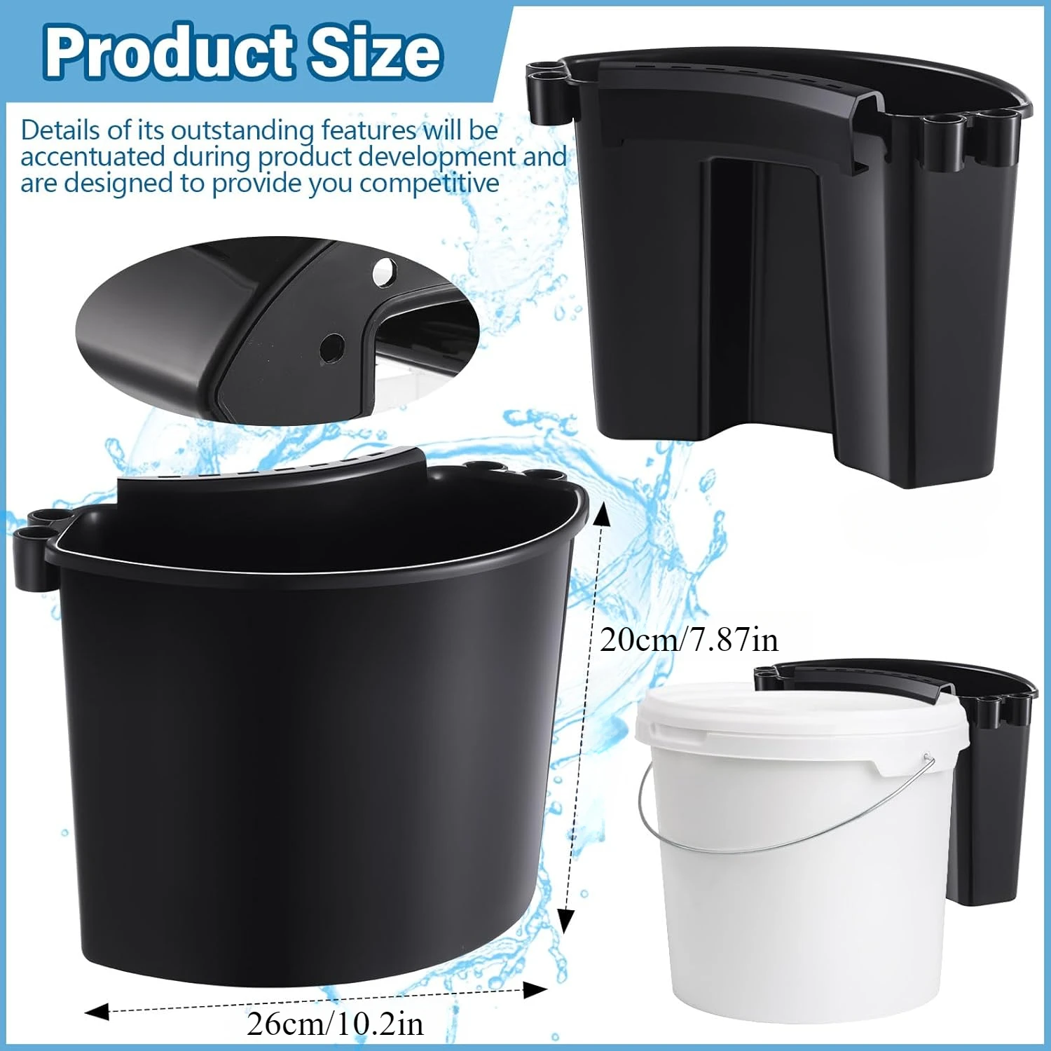 4 stk. bilpleiebøtte, bærbar bilvaskebøtte, multifunksjonell nal, hengende organizer for tilbehør, piknikverktøy, svart