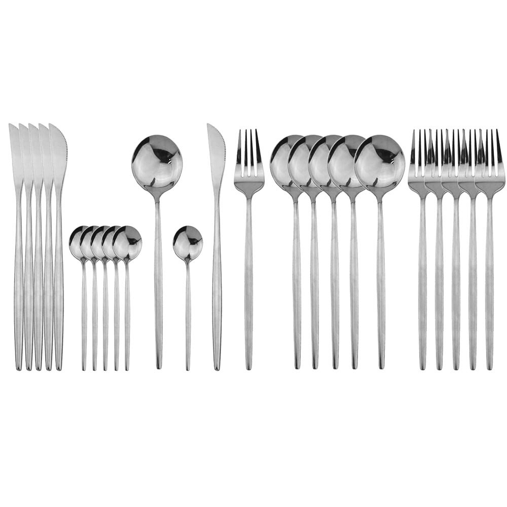 Ensemble de 24 couverts en acier inoxydable, couverts noirs, cuillère, fourchette 304 couteau, couverts occidentaux pour mariage, sécurité lave-vaisselle: Argent 24 pièces
