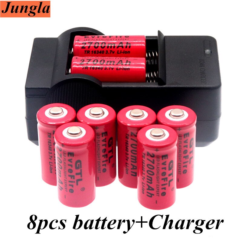 2700 mah uppladdningsbara 3.7v li-ion 16340 batterier  cr123a batteri för väggladdare med led-ficklampa för 16340 cr123a batterier: Gul