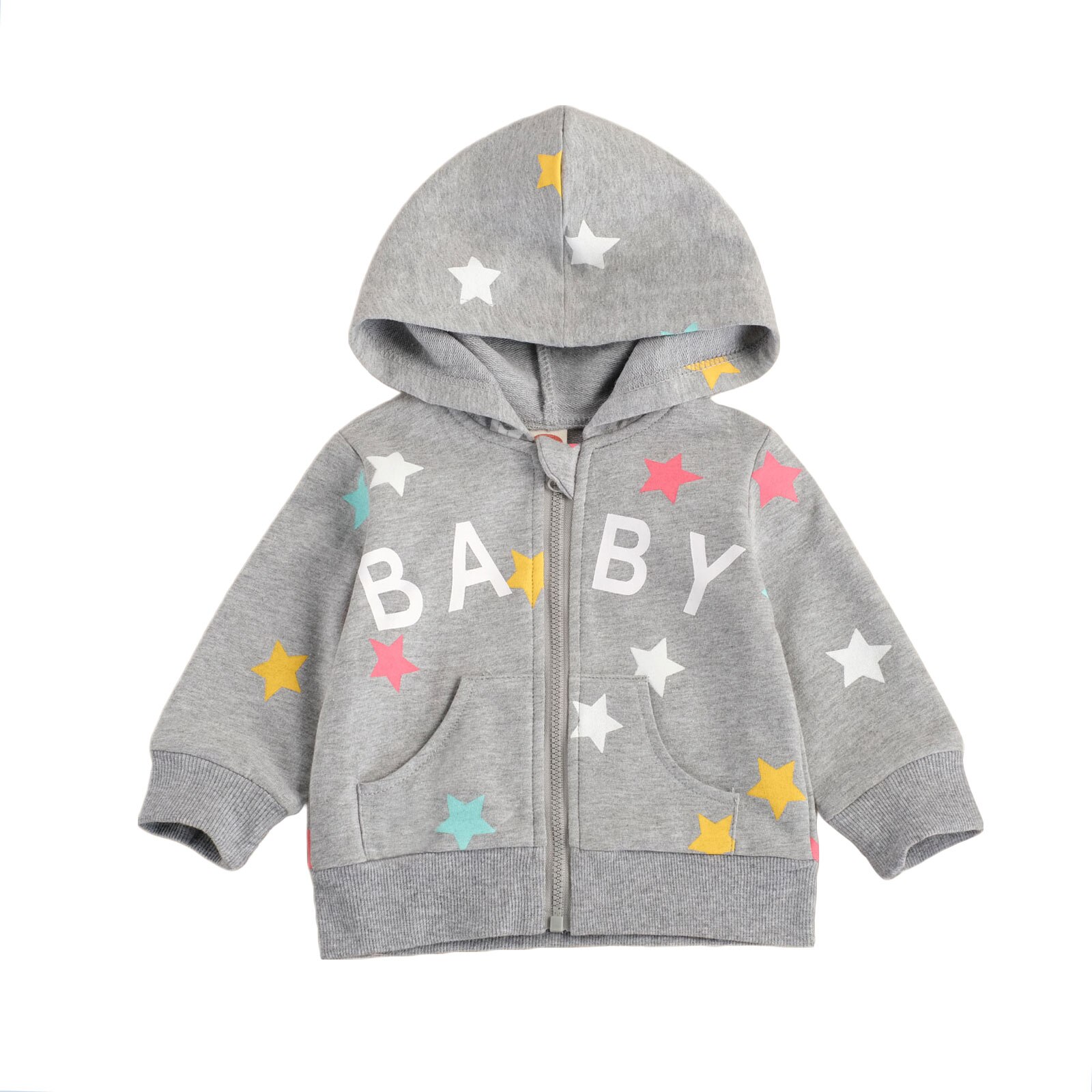 FOCUSNORM 0-24M Herbst Winter Baby Mädchen Jungen Mantel knapp Sterne Druck Langarm Reißverschluss Mit Kapuze Grau Jacke Spitzen