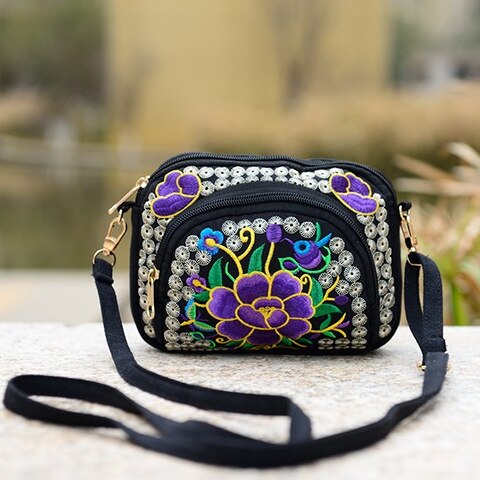 Sac à main Vintage Hmong pour femmes, fourre-tout, sacoche Hippie ethnique, sac à bandoulière brodé Boho: Purple Flower