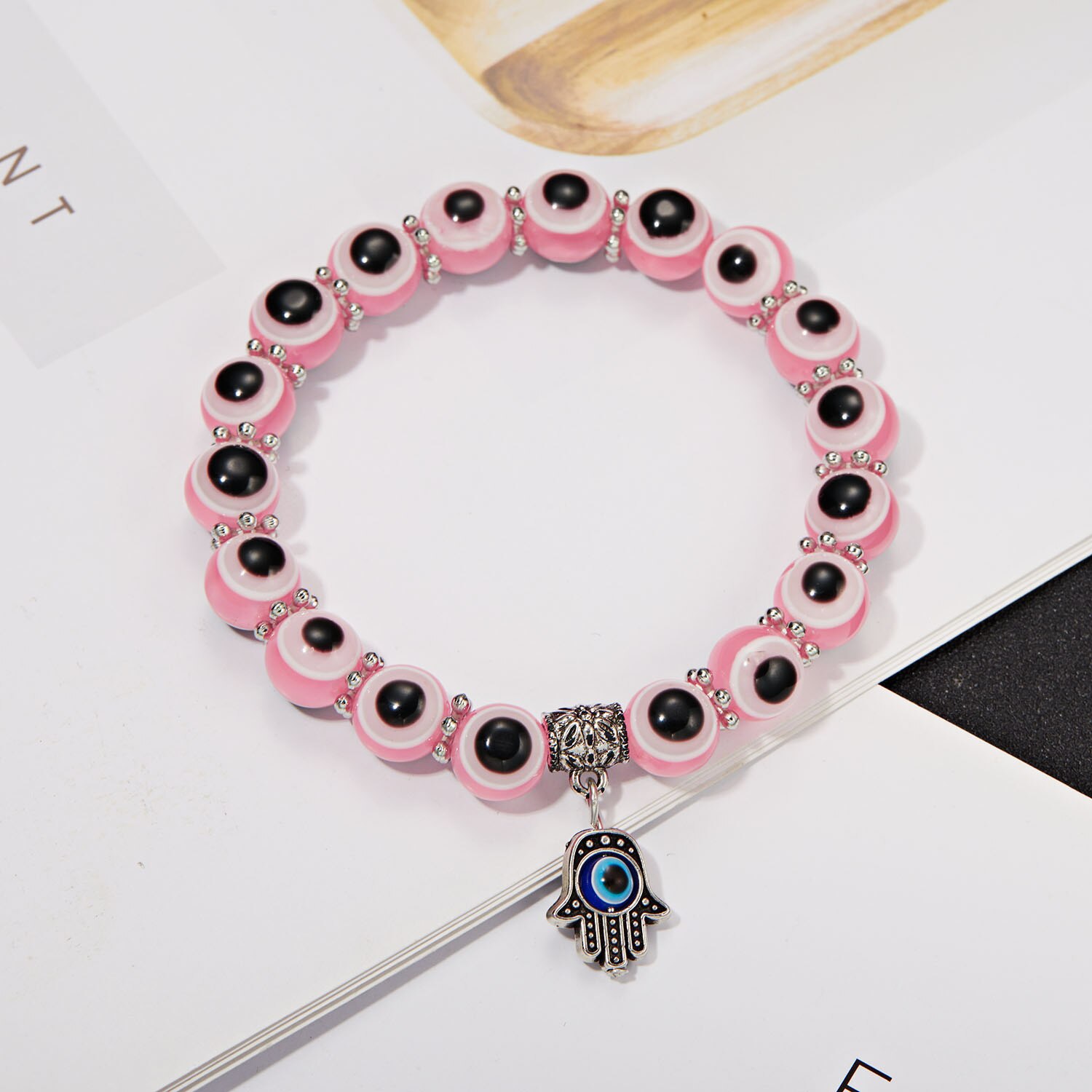 Niebieska bransoletka Evil Eye dla kobiet mężczyzn turecka dłoń wisiorek oczy koraliki Handmade szczęśliwa bransoletka elastyczna regulacja Charm bransoletka: Pink Palm