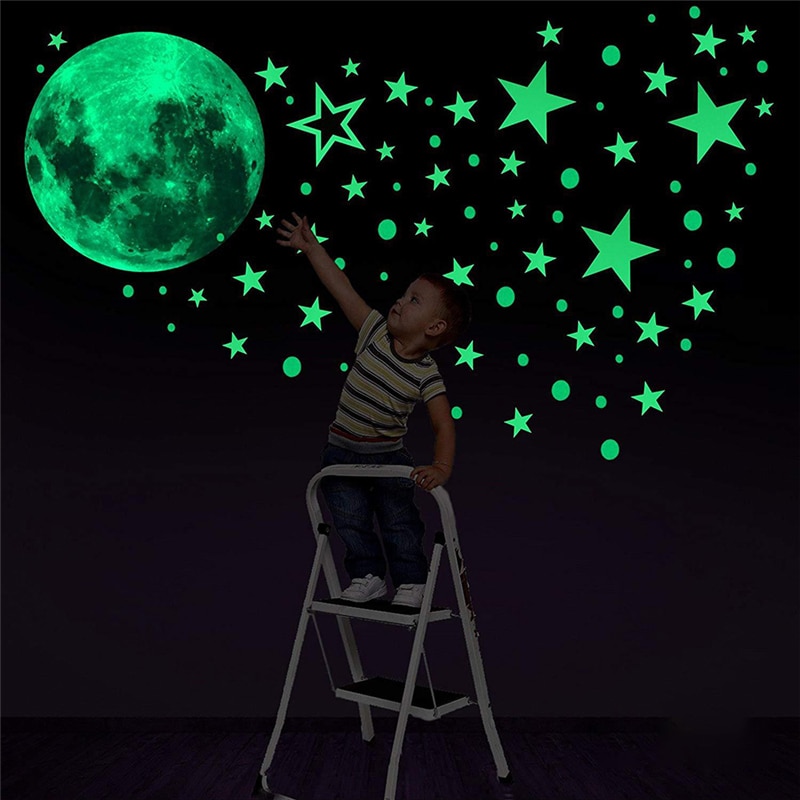 30 centimetri Per Bambini 3D Star Luna Luminosa Autoadesivo Della Parete наклейки Soggiorno camera Da Letto Decorazione Della Casa Glow In The Dark Parete adesivi