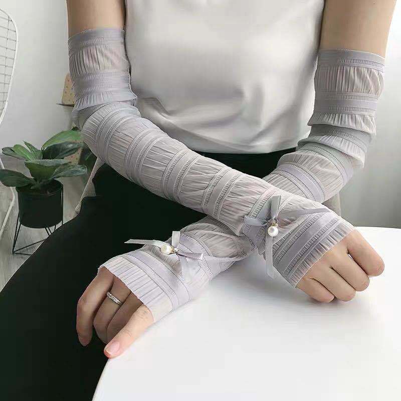 Summer Women Lace Thin Breathable Gloves Sun Protection Gloves Fingerless Outdoor Cycling Arm Sleeves Female