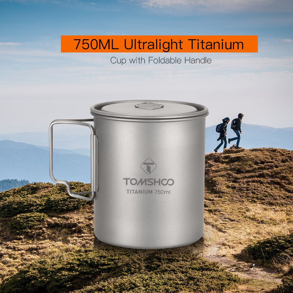 TOMSHOO Ultralight Tazza di Titanio 750ml Tazza di Acqua Tazza di Titanio Cucchiaio Spork Campeggio Esterna Tazza di Acqua Tazza con Manico Pieghevole