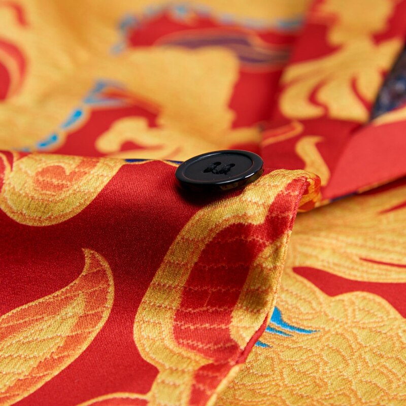 Plyesxale-Chaqueta informal de estilo chino para hombre, Blazer Rojo Dorado con estampado de dragón, para baile de graduación y escenario, Q474,