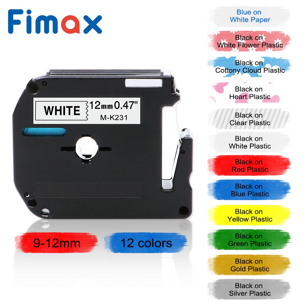 Fimax M-K231 M-K221 Compatible for brother MK231 MK 231 black on white 9mm 12mm laminated strong adhesive label tape PT-80 PT-70