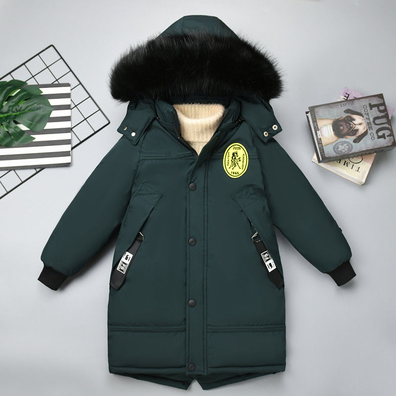 Jongens Winter Katoen Lange Fluwelen Dikke Katoenen Jas Geborduurd Borst Badge Met Grote Bontkraag Jongens Jassen 2 kleuren