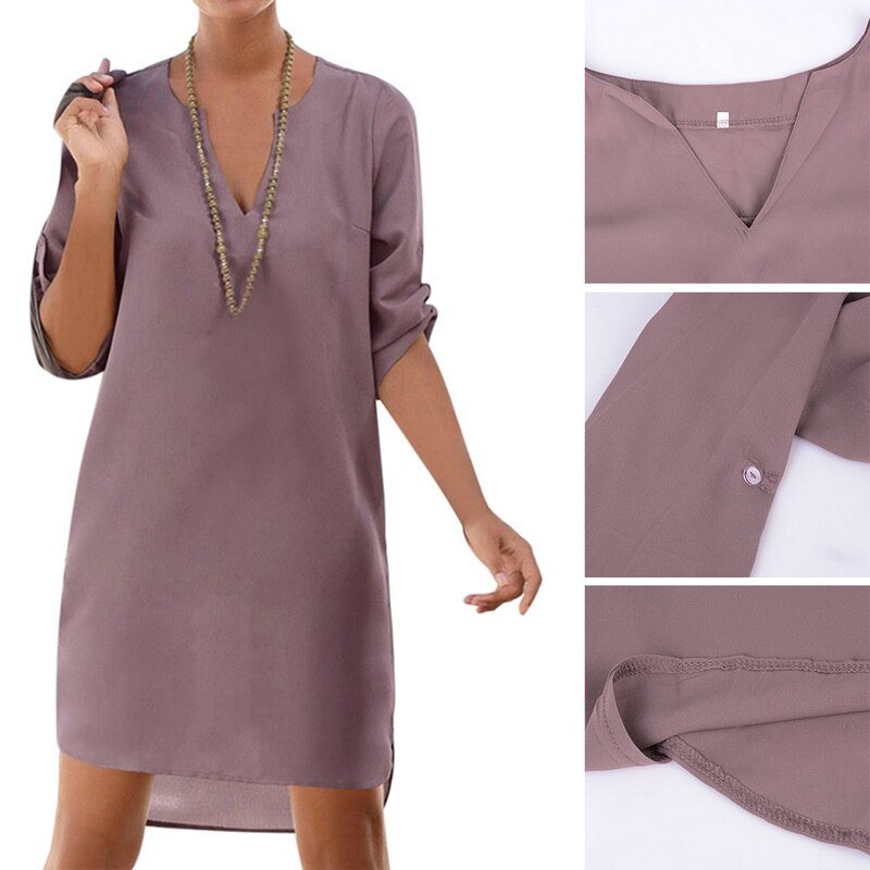 Women Beach Dress Short Tunic Shirts Dress Vestidos Solid V Neck Sundress Vintage Pockets Loose Chiffon Party Dress Cover