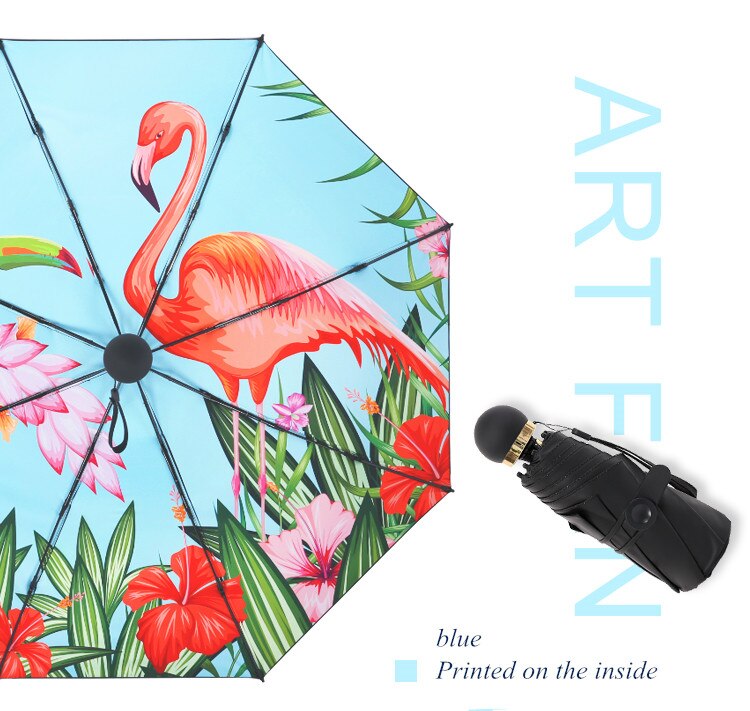Palony Vijf Opvouwbare Mini Flamingo Stijl Mode Patroon Uv En Winddicht Reizen Vrouwen En Kinderen Zonnige Regenachtige paraplu: inside-blue print