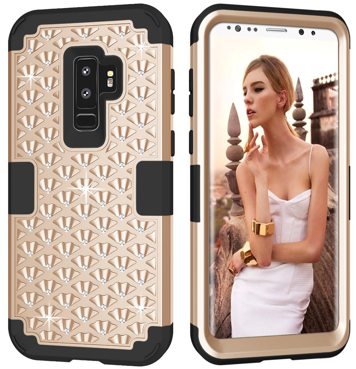 Estuches para Samsung Galaxy S9 Plus, híbrida resistente a golpes con diamantes de imitación brillantes con doble capa de protección contra impactos: For Galaxy S9 / Gold Black