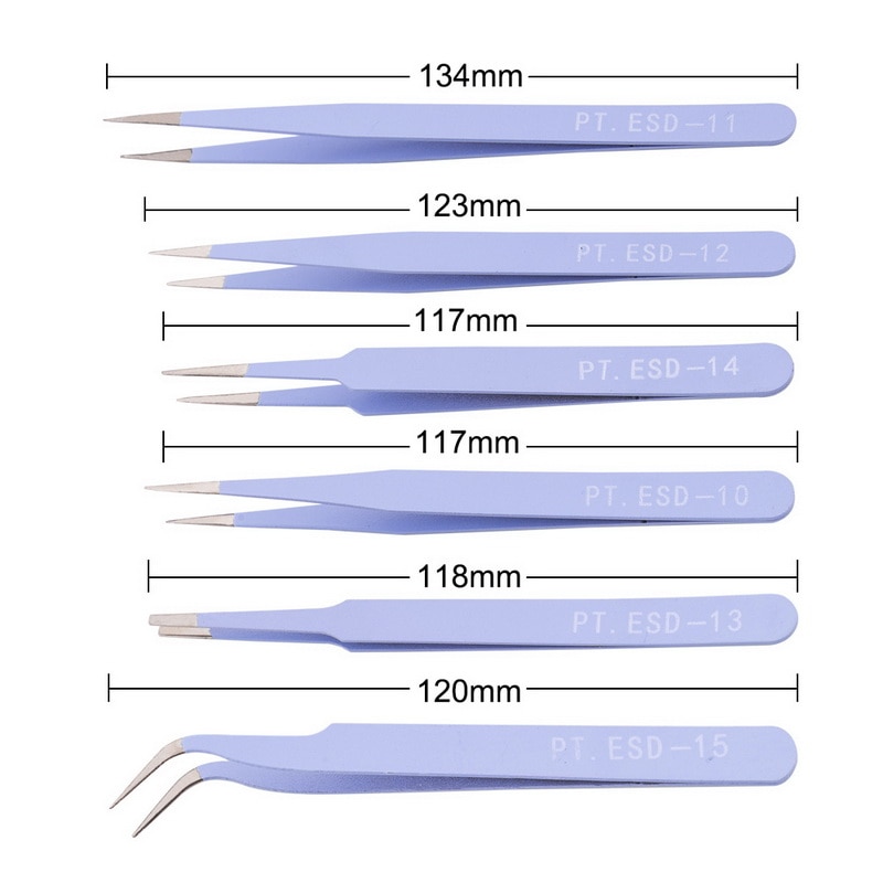 Outils de Maintenance de pince à épiler d'acier inoxydable d'esd antistatique de 6 pièces