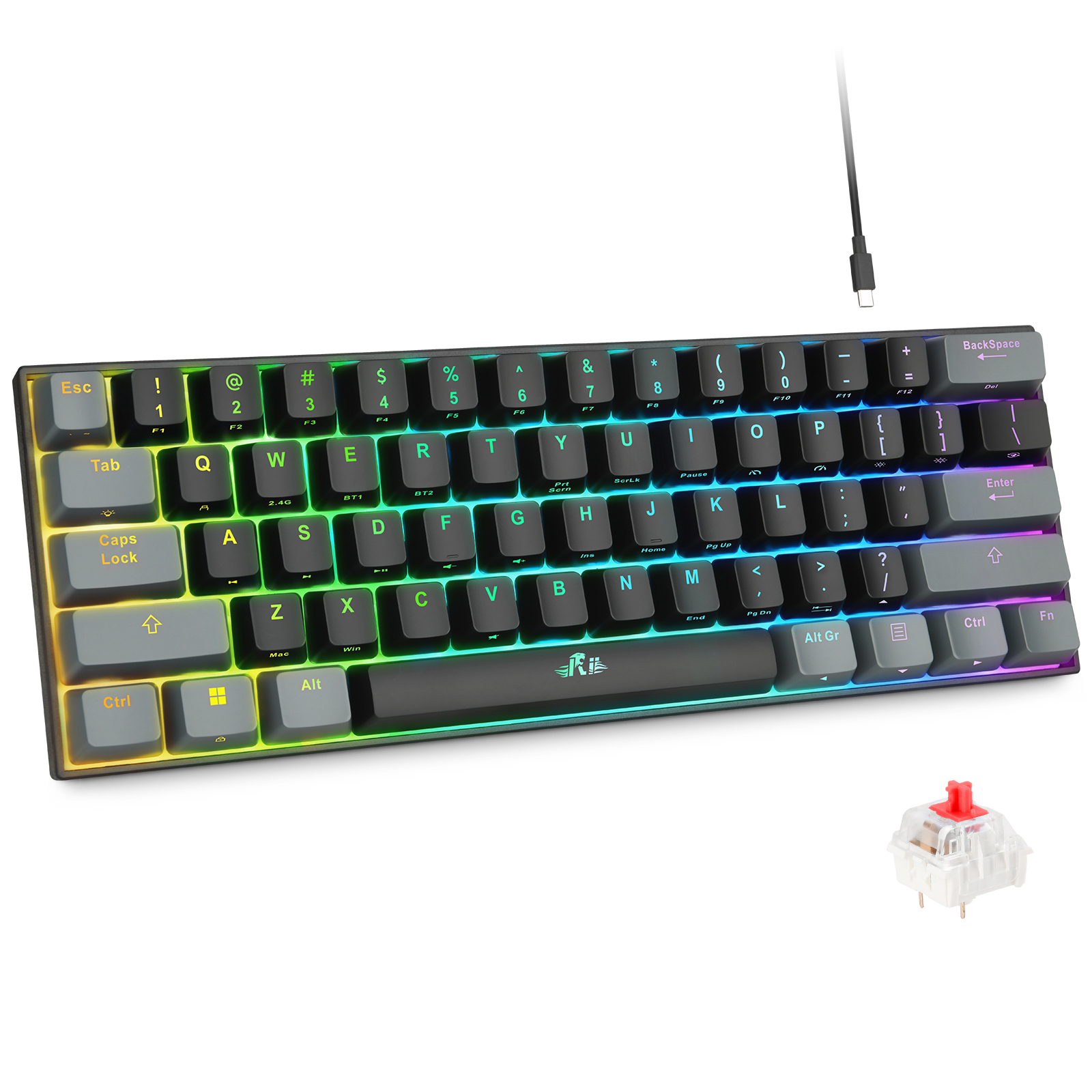 Rii-Teclado mecánico RK802 para juegos, periférico inalámbrico/Bluetooth/con cable RGB, 2,4G, para ordenadores portátiles con Windows y ordenador: Default Title