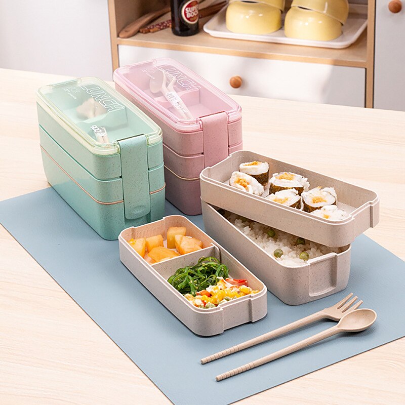 900Ml Healthy Material Lunch Box 3 Layer Wheat Straw Bento Boxes Microwave Dinnerware Food Storage Container Lunchbox Office
