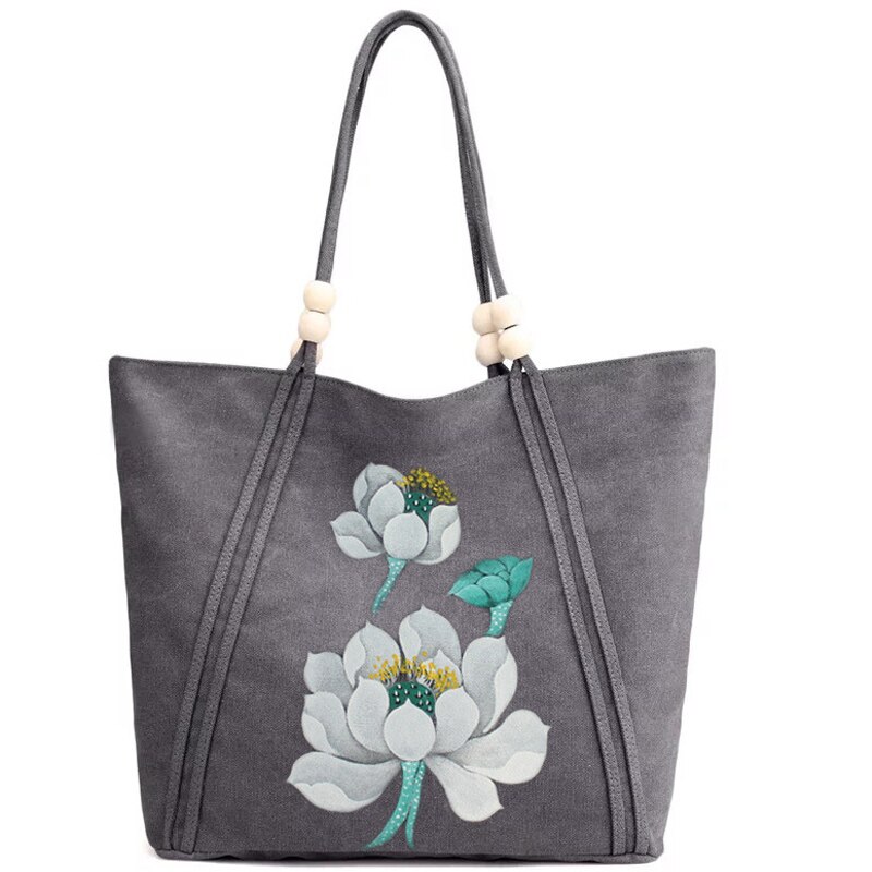 Handmålad väska national canvas axelväska retro dam träpärlor väska blommålning åkpåse bolso mujer