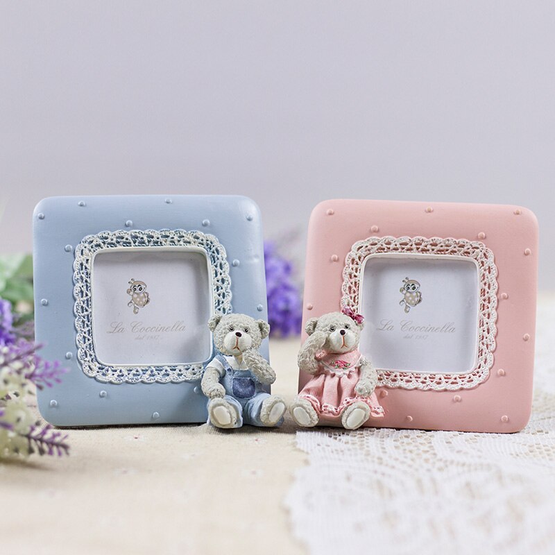 European Cute Teddy Tear With Lace Border Oval Square Shape 2x2 2.5x3.5 Pink Blue Resin Tabletop Baby Picture Photo Frame