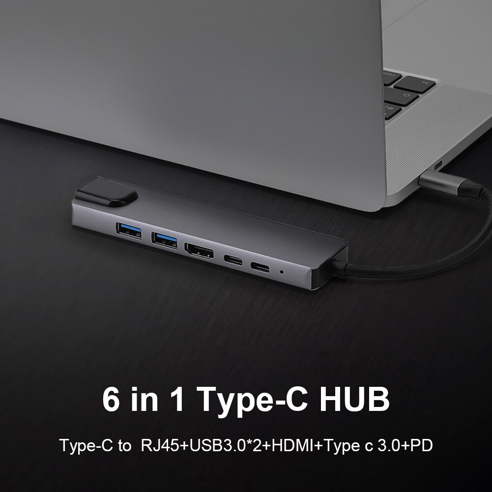 Multi Usb Docking Hub Converter 2 Usb 3.0 Hdmi-Compatibel Type-C Pd RJ45 6 In 1 Pc adapter Notebook Accessoires USB-C Hub