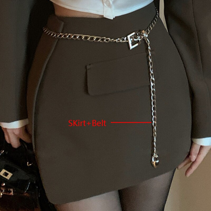 Uniforme escolar coreano para niña, traje para mujer, minifalda para estudiante de secundaria, camisa anudada con cinturón de cadena para universitaria: Skirt Belt / S