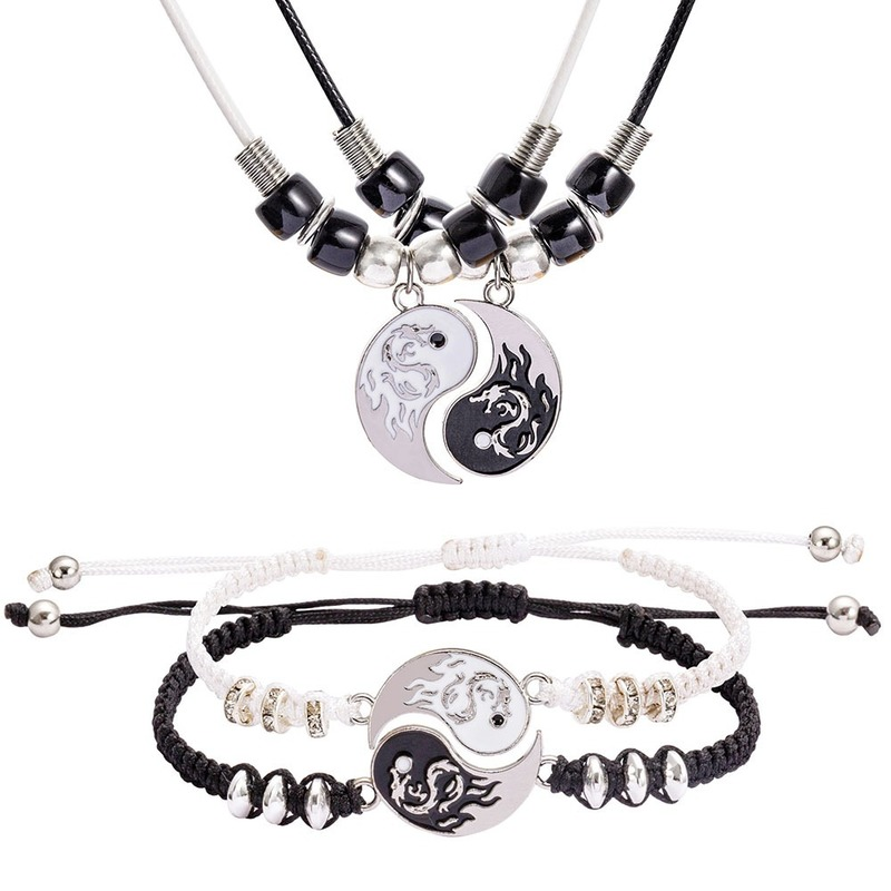2/4 Uds Tai Chi Yin Yang pareja pulseras collares conjunto colgante pulsera de cadena trenzada ajustable pulseras de amante a juego gargantilla