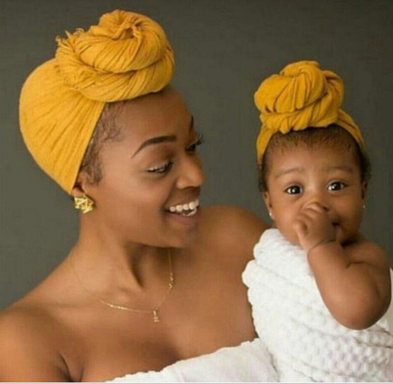 2pcs Women Baby Turban Hat Solid Warm Children Parent-child Cap Twist Knot Bonnet Wrap Caps Mom Baby's Casual Hats: YELLOW