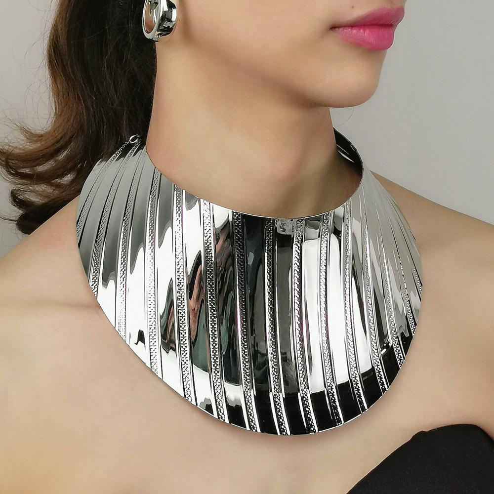 MANILAI Punk Alloy Torque Choker Necklaces For Women Maxi Jewelry Big Collar Statement Necklace Collier Femme: Silver 4980N
