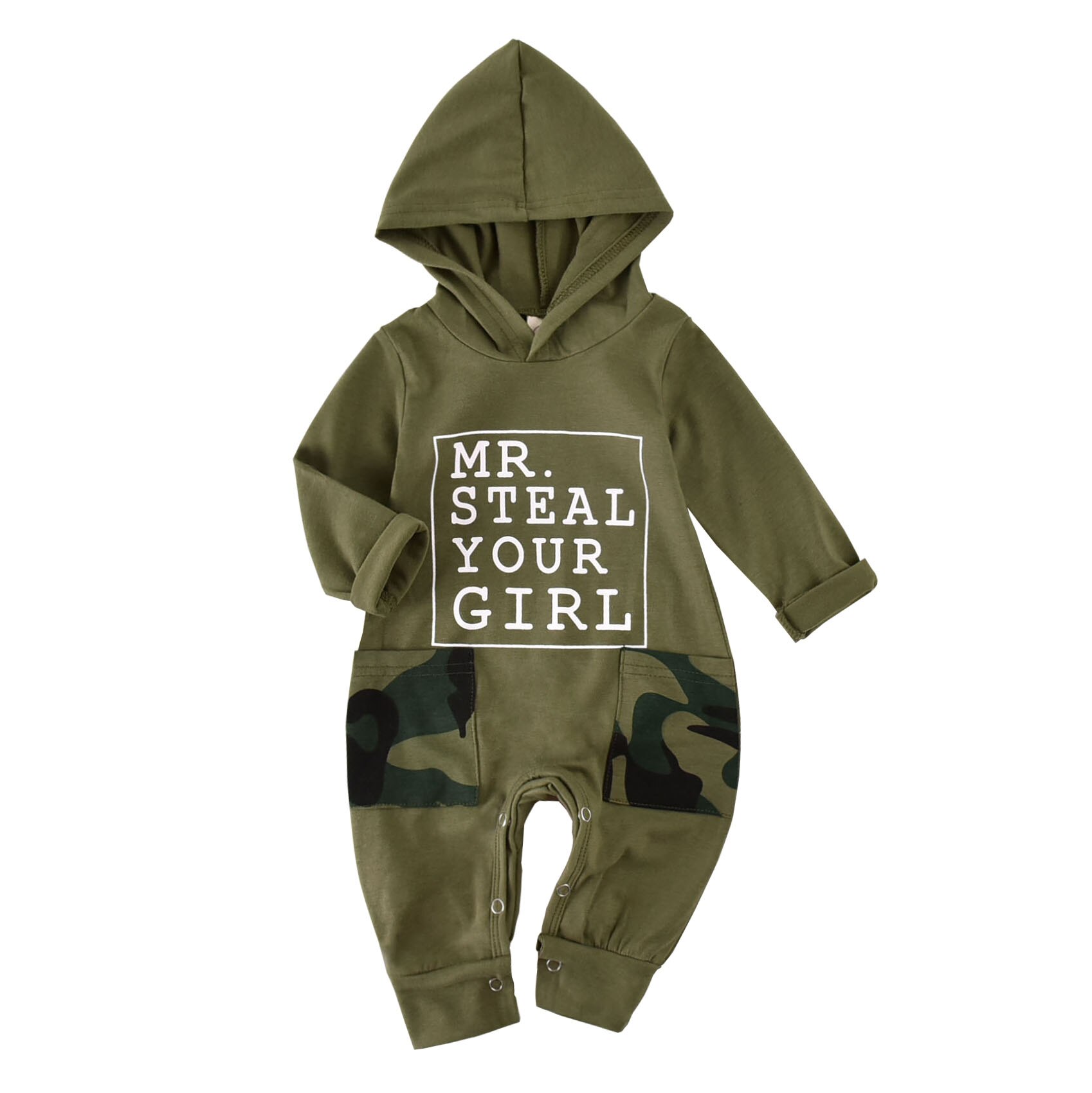 0-18M Infant Baby Boys 100% Cotton Romper Floral Print Long Sleeve Hooded Jumpsuit Spring Autumn Playsuits Army Green/White: Army Green / 6M