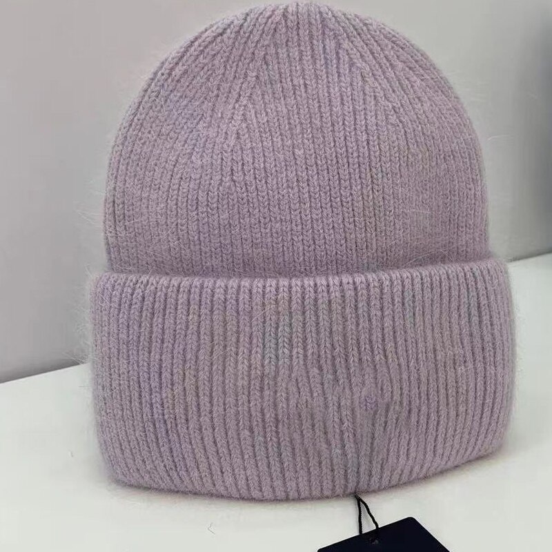 Rabbit fleece knitted hat women&#39;s pullover beanie casual warm elastic knitted hat: Paars