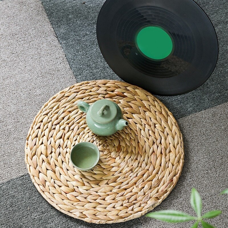 Natural Table Mat Handmade Water Hyacinth Woven Placemat Round Braided Mat Heat Resistant Insulation Anti-Skidding Pad