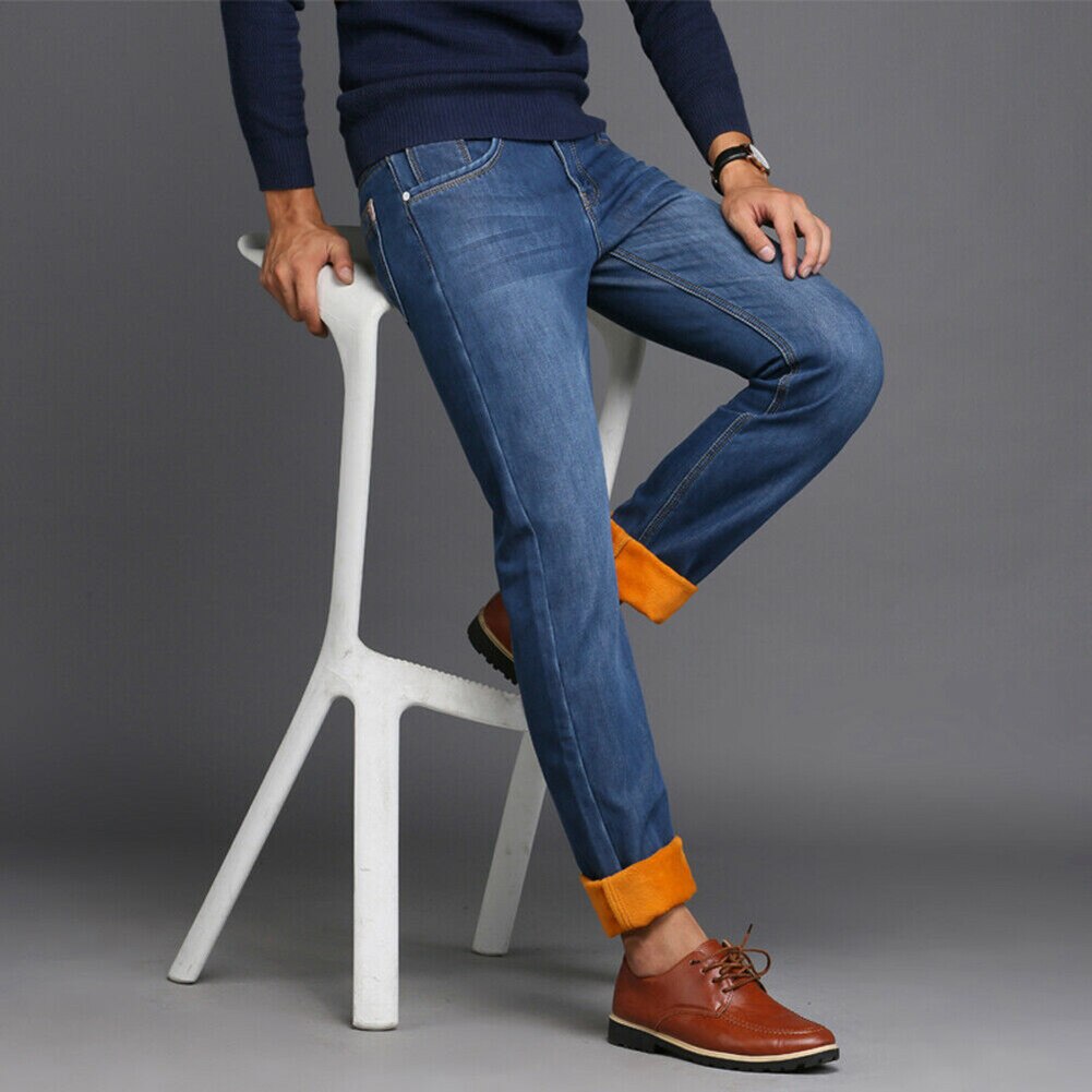Men Winter Thermal Jeans Fleeced Lined Denim Long Pants Casual Warm Trousers for Office Travel SSA-19ING
