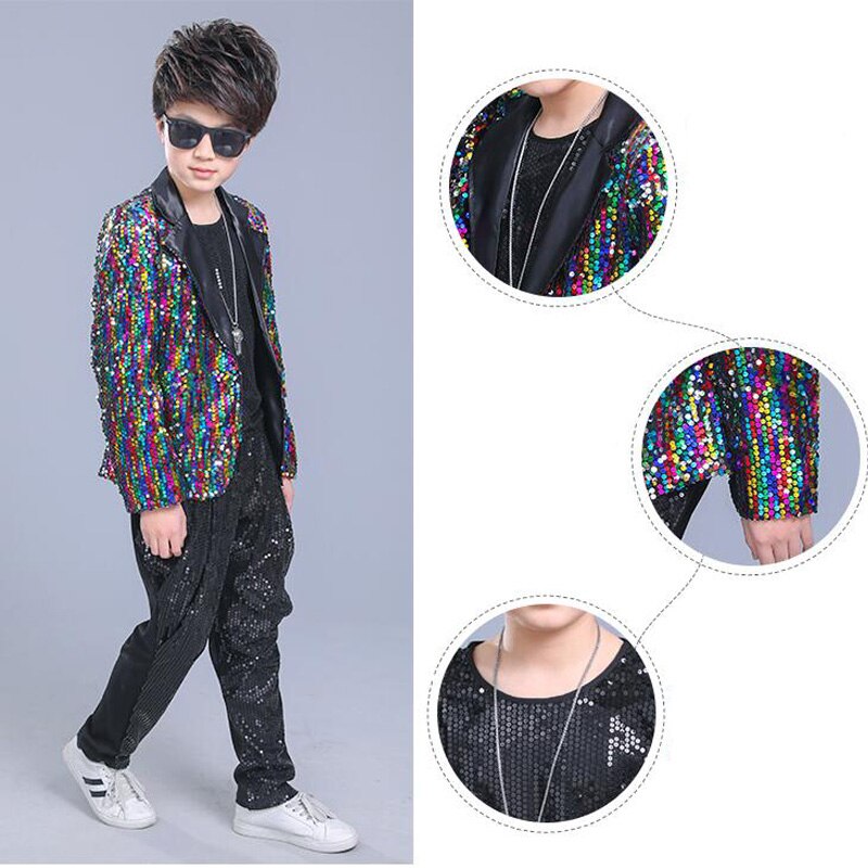 Kids Adult Sequined Pants Jacket Hip Hop Clothing Jazz Dance Costumes Suit Boys Carnival Stage wear Ballroom Dancing Outfits