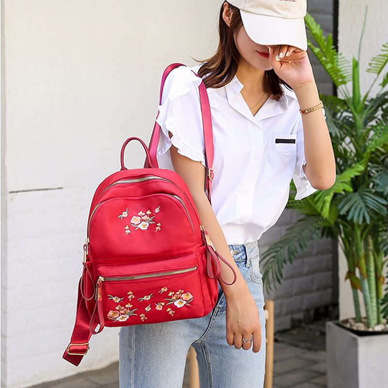 Litthing Waterproof Nylon Women Backpack Zipper Oxford School Bags For Girls Flower Embroidered Backpack Female Rucksack: red