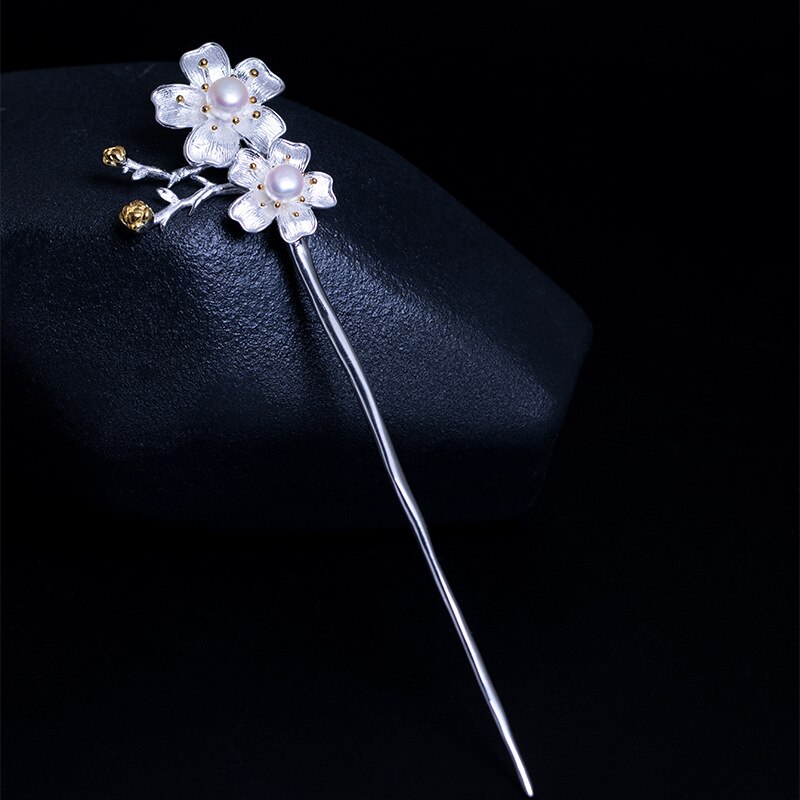 925 Sterling Silver Hair Sticks for Women Sakura Flower Chain Tassels Japanese Hair Stick Pearl Vintage Bridal Hair Accessories